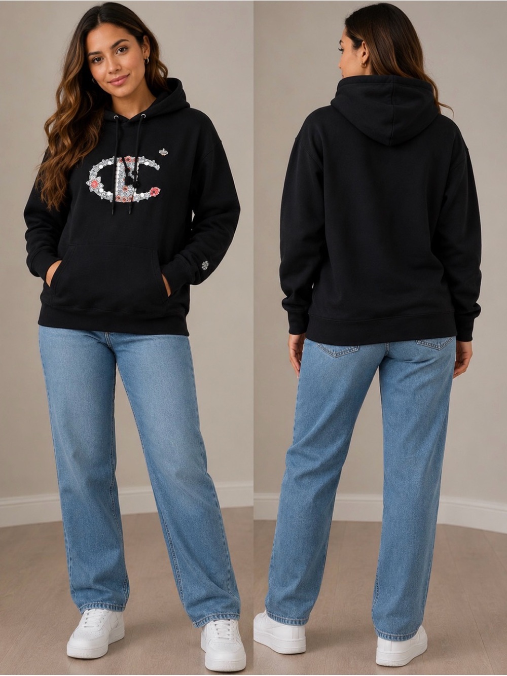 Champion Black Hoodie with Floral C Logo